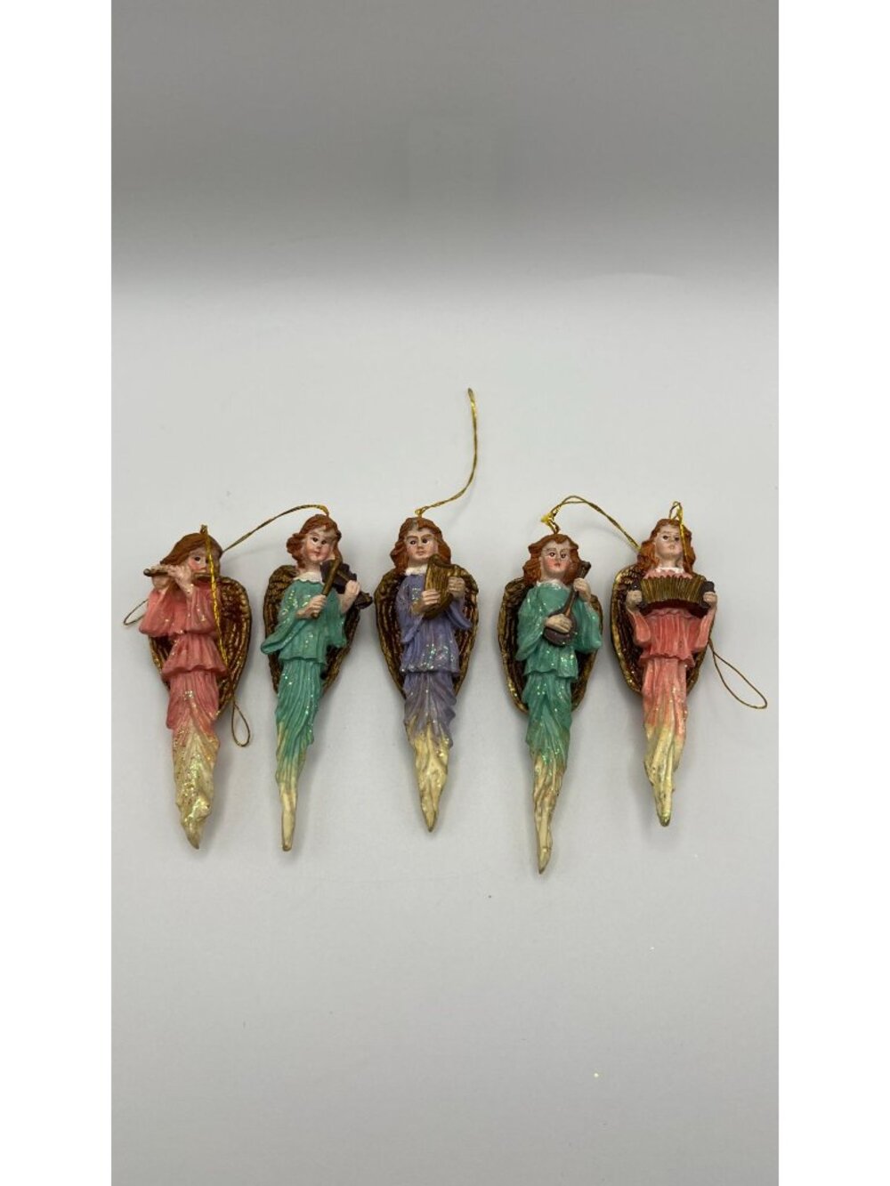 Set Of 5 Vintage Angel Christmas Ornaments With Glitter Accents & Musical Instru